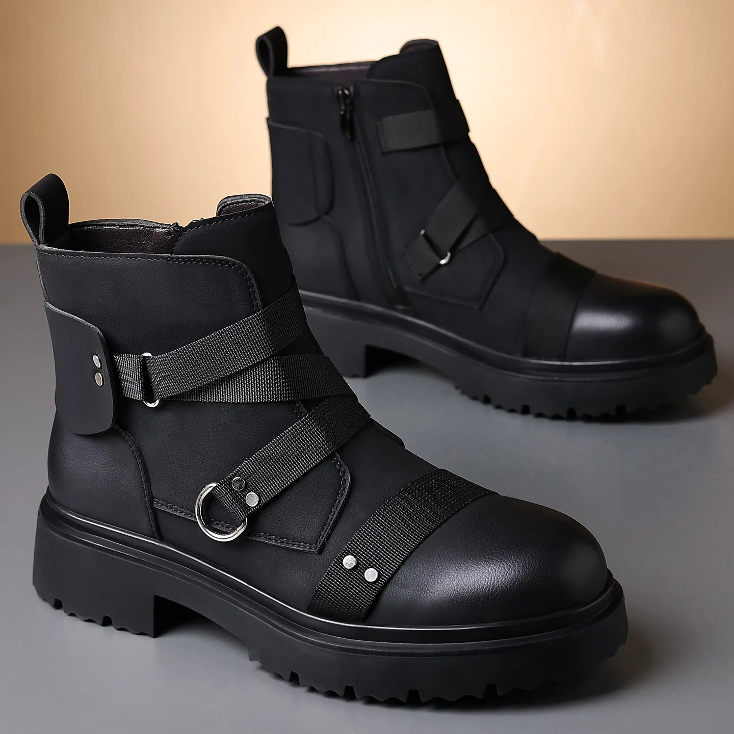 Men's Black Combat Boots Leather Ankle Boots For Men Tactical Military Boots Fashion Motorcycle Boots Casual Work Shoes Thick Sole Non Slip Boots Comfortable Outdoor Hiking Boots Punk Streetwear Footwear