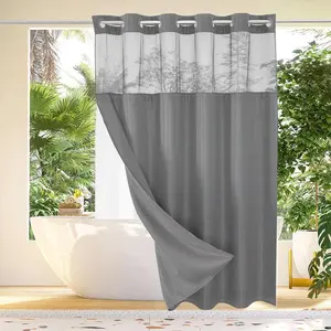 Grey No Hook Shower Curtain with Snap in Liner -grey Double Layer Shower Curtain -Fabric Waterproof Inner Liner, White Cloth Shower Curtains Washable,72 x75 Inch showercut