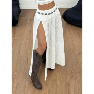 Renaissance Expo Women's Summer Concert Skirt Lace Side Split Skirt Western Fabric Belt