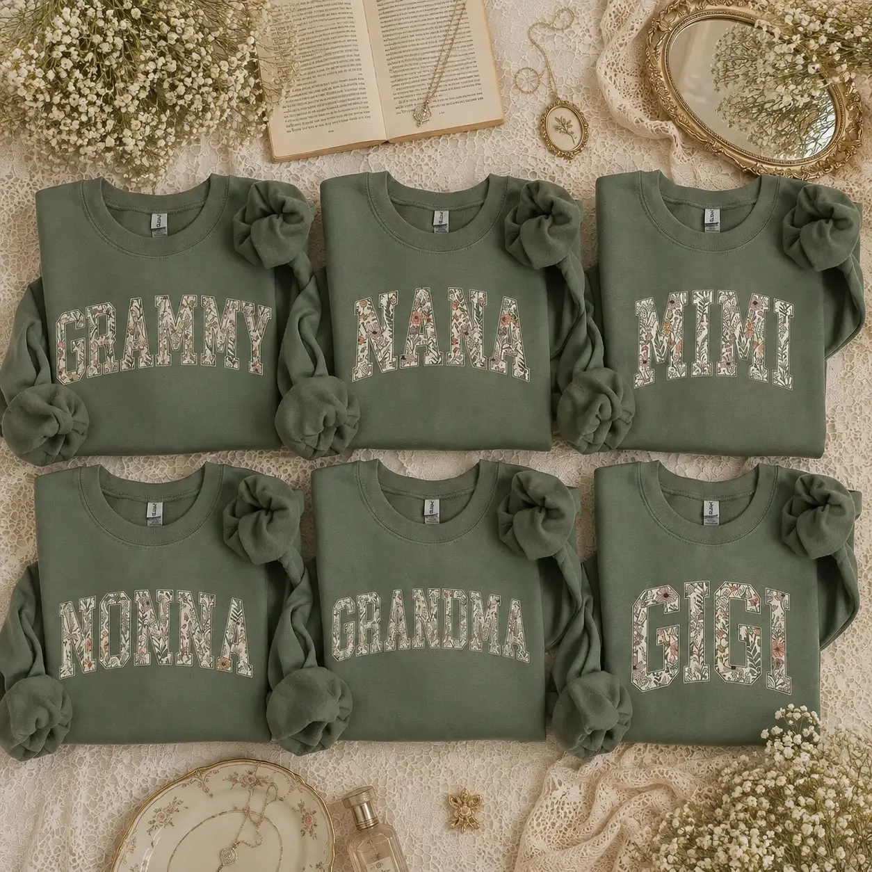 Women's Casual Long Sleeve Crewneck Sweatshirt - Personalized Grammy Nana Mimi Nonna Grandma Gigi, Custom Family Name, Floral Varsity Letter, Matching Family Gift, Mother’s Day Gift Tops Clothes - JACKSON HOAI STORE, Hoodie