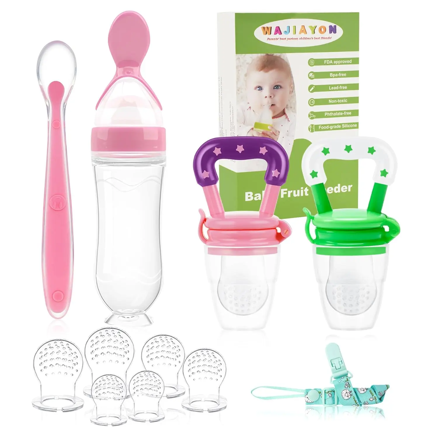 Baby Fruit Feeder Pacifier - 5 Pack   2 Mesh Infant Food Feeder Pacifier & 1 Baby Food Dispensing Spoon   Fresh Fruit Teethers for Babies |Shower Gifts for Boys and Girls