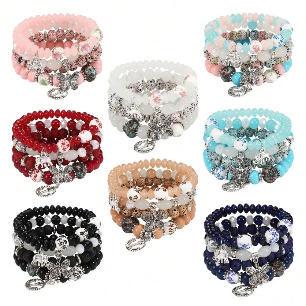 4-Piece Bohemian Bracelet Set for Women, Multi-Layer Stackable Bands with Butterfly Motif, Glass Stone Beads & Elastic Fit for Party Wear, Gifts, Bracelets For Women, Glass Stones, Layered Look, Boho Style Bangles, Multilayered Bangles, Wrist Stack, Women