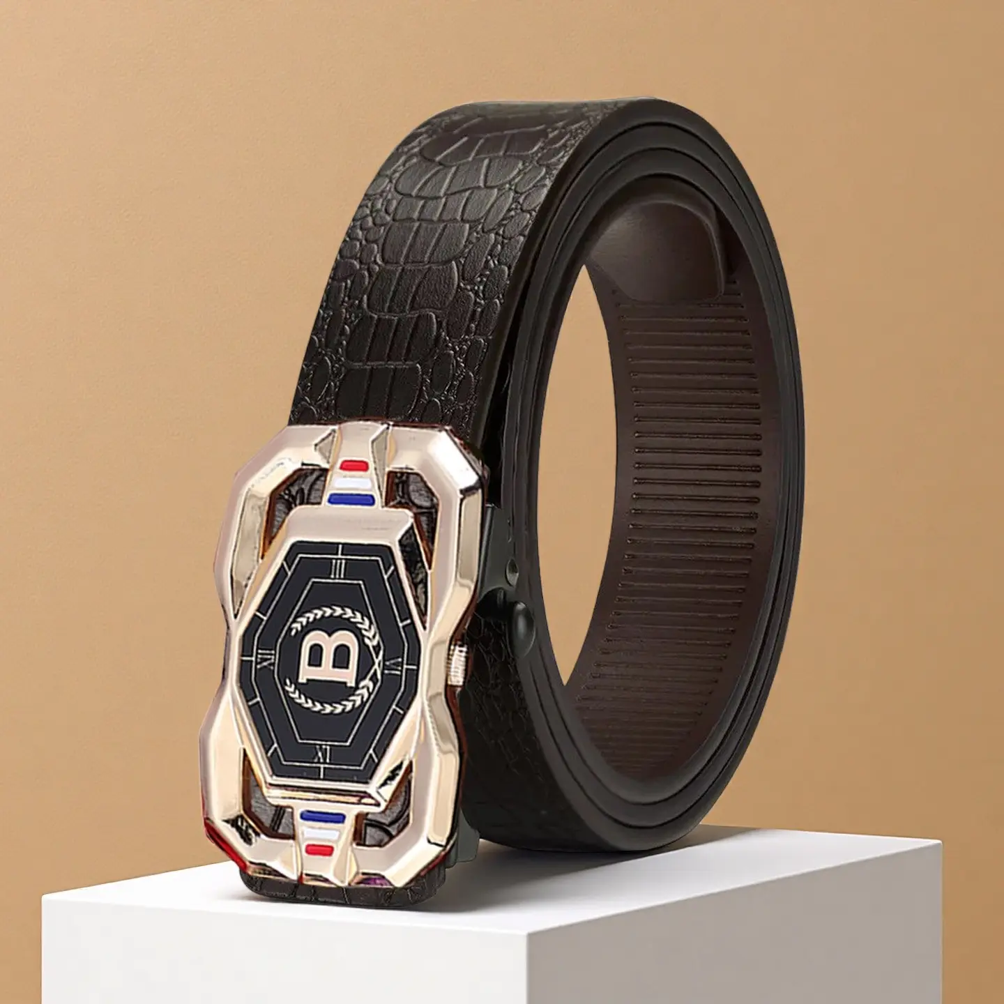 Men's Belt with Polished Alloy Automatic Buckle, Sleek Genuine Faux Leather with a Textured Square Pattern for Casual Wear, Men's Accessories, Adjustable Faux Leather Men's Belts