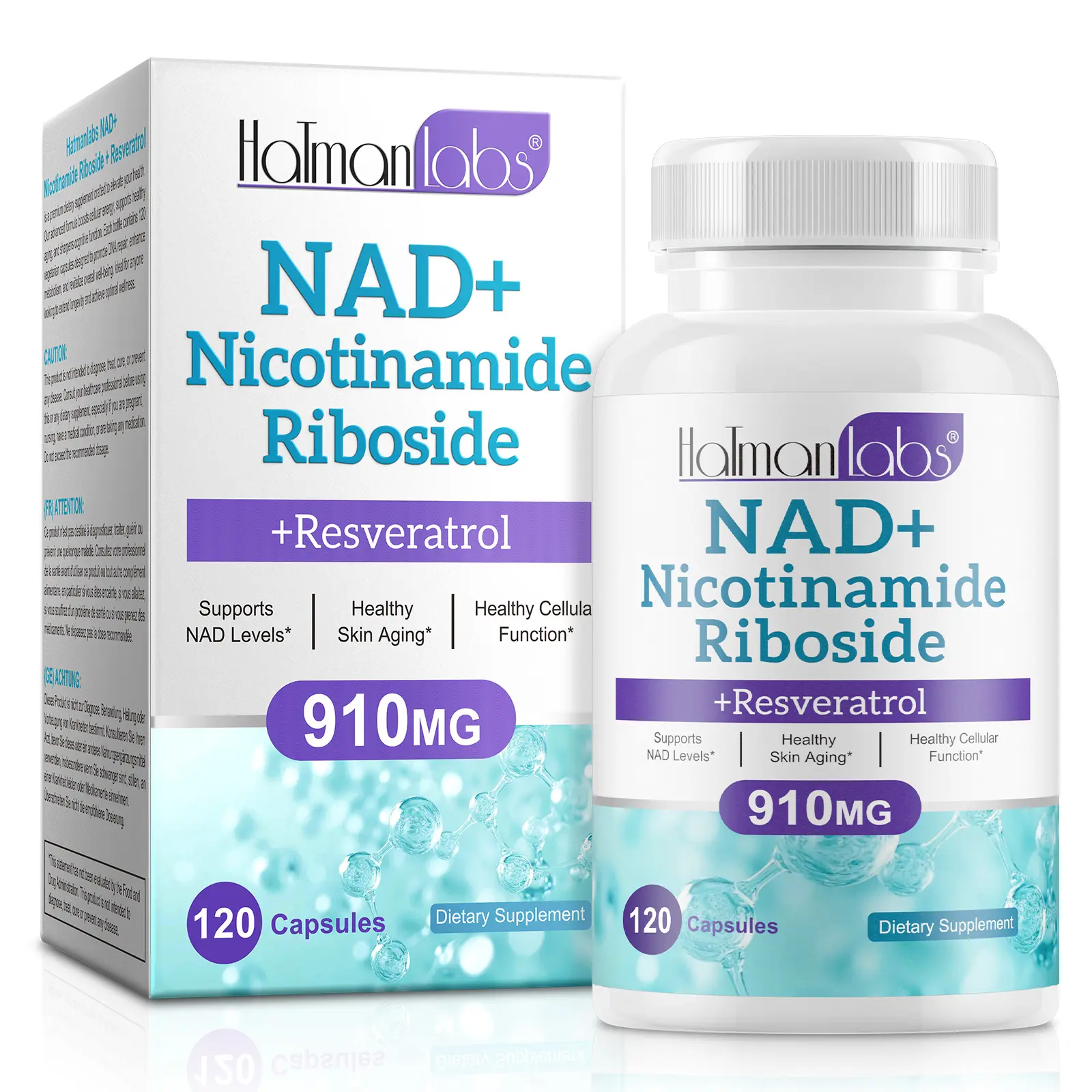 Hatmanlabs NAD+ Nicotinamide Riboside + Resveratrol 910mg Vitamin Dietary Supplement - Cellular Energy, Metabolism & Body Health Support with Quercetin, Non-GMO, 120 Veggie Capsules