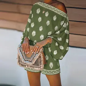 ChicMe Women's 2 Piece Boho Outfit Lantern Sleeve Linen Top and Shorts Set Beach Vacation Summer Outfits