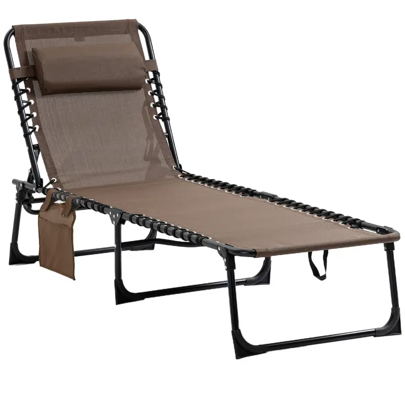 Outsunny Armless Reclining Chaise Lounge Chair - Portable Folding Camping Cot with Adjustable Backrest, Removable Pillow, Convenient Side Pocket, Waterproof for Patio, Deck, 72.75" L x 22.75" W x 11.75" H, Brown