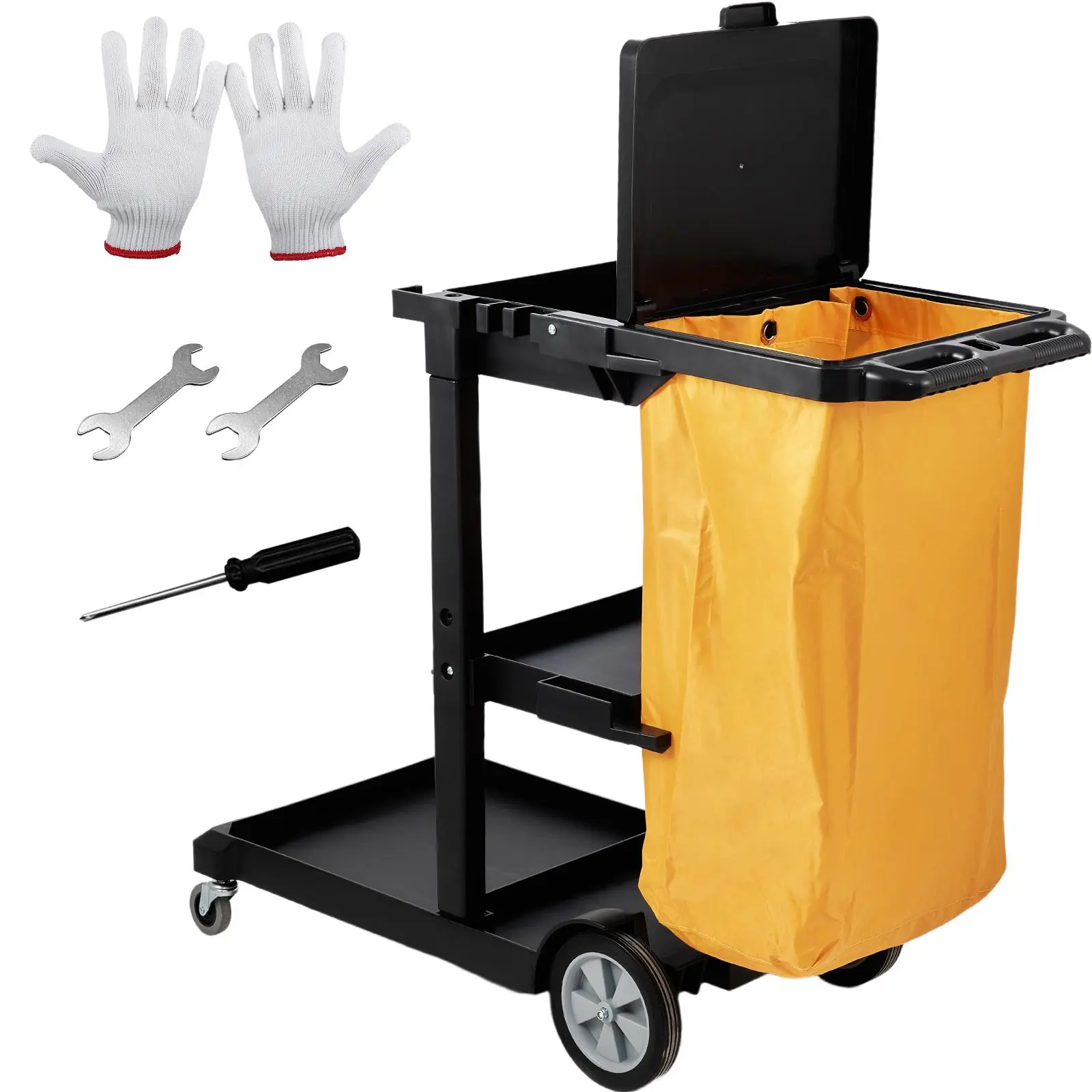 【SummerFinds】VEVOR Cleaning Cart,  3-Shelf Commercial Janitorial Cart, 200 lbs Capacity Plastic Housekeeping Cart, with 25 Gallon PVC Bag and Cover, 47 x 20 x 38.6in, Yellow&Black