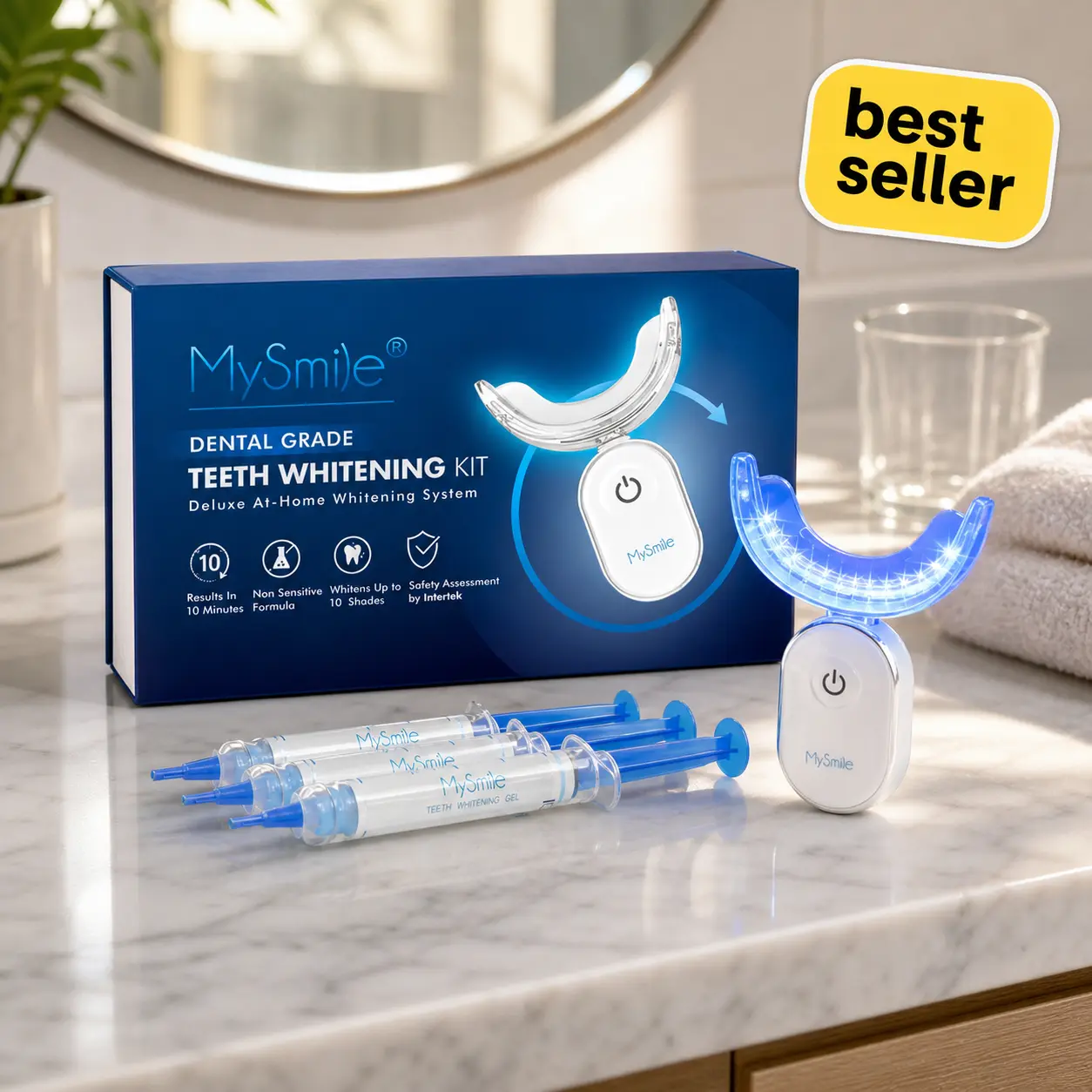 MySmile 10-Min Whiter Smile | Pro LED Teeth Whitening Kit, 28x Bulbs, 3 Gel Syringes, Sensitive Teeth Safe, Teeth Brightener, Dental Teeth Whitening