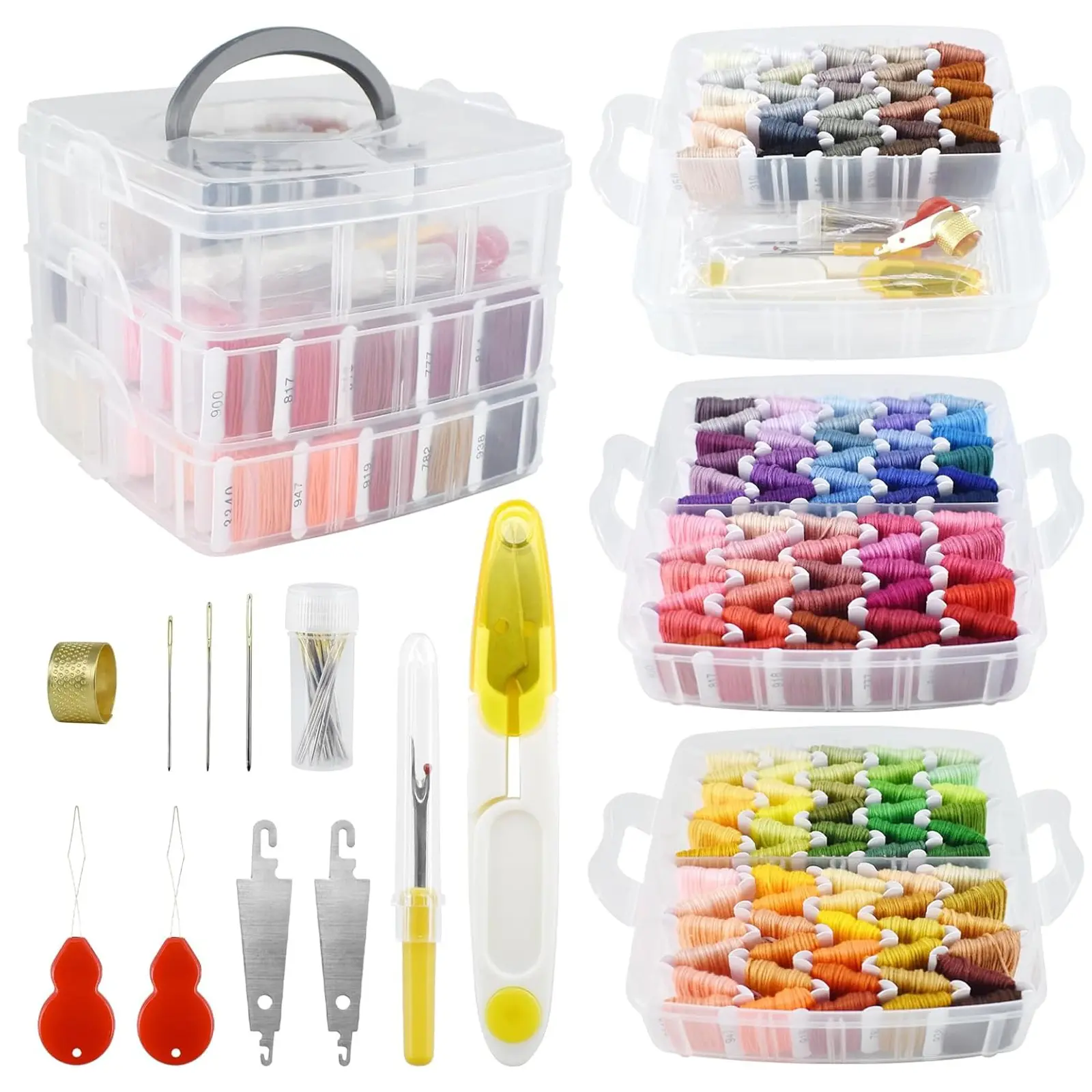 Sew Crafty Sewing Kit - 237 Pieces, 200 Durable and Soft 8m Colored Cross-Stitch Threads, Spool Box, 37 Cross-Stitch Tools, 30 Embroidery Needles, 3-Layer Transparent Storage Box, DIY Embroidery Kit Materials, Sewingkit, Needle Crafts Kit