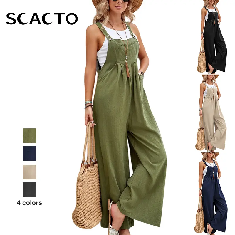 Scacto Women's Casual Jumpsuit, Comfortable Solid Color Sleeveless Overalls with Loose Fit Wide Leg Pants, Adjustable Straps, and Pockets, Style, Basic, Piece, Women's Clothes, Overalls For Women