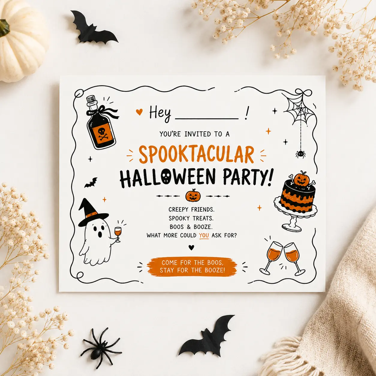 Halloween Party Invitation Card - 5x7 in Folded Office Stationery with Ghost, Pumpkin, Potion Designs, Crisp Details, Premium Paper, Vibrant Print, Kraft Envelope, Handwritten Space
