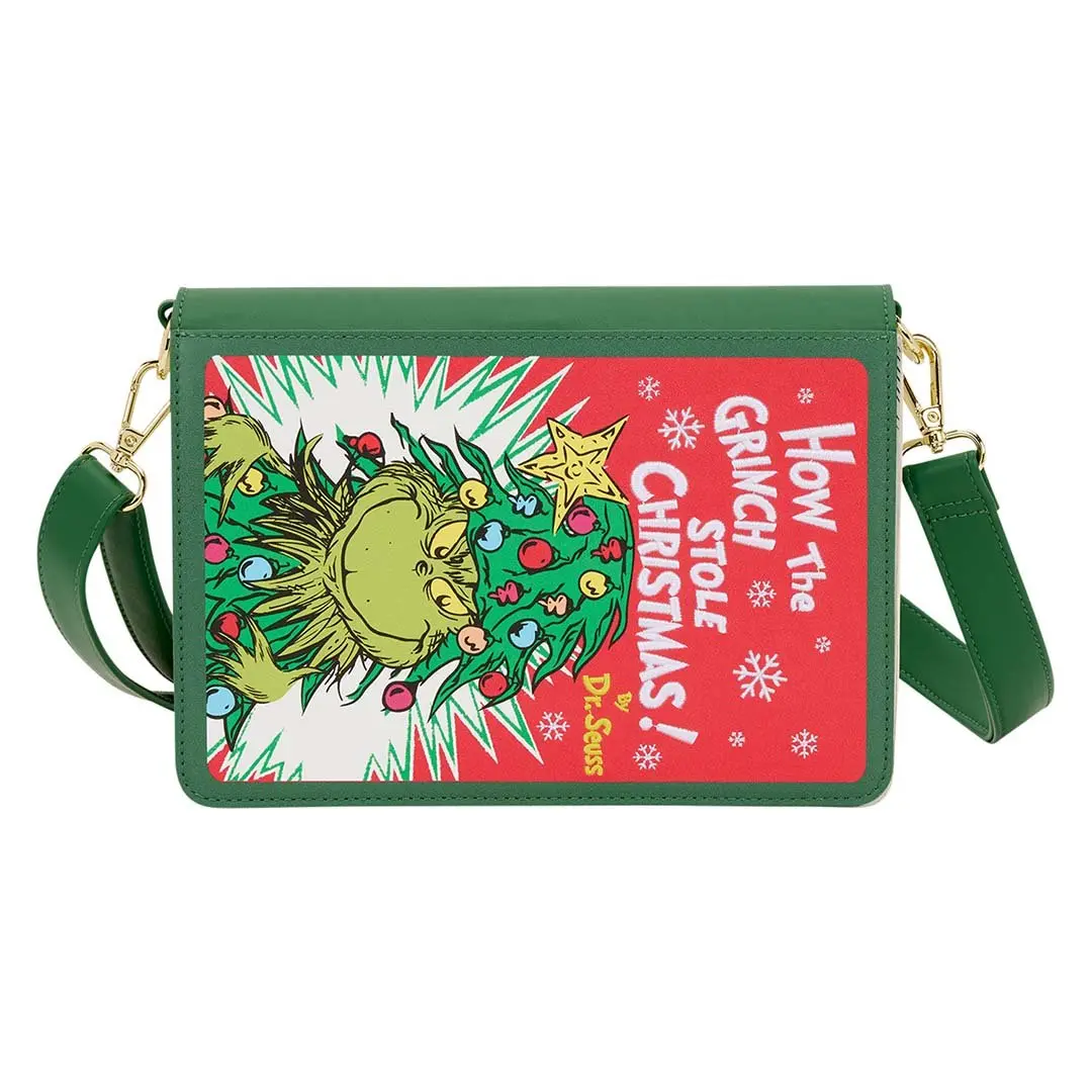 Loungefly Dr. Seuss How the Grinch Stole Christmas Holiday Women's Book-Style Faux Leather Color-In Adjustable Crossbody Bag, Fashionable Patterned Bag, Graphic, Casual, Adjustable Crossbody Shoulder, Washable Markers, Basic, Crossbody Hands‑Free