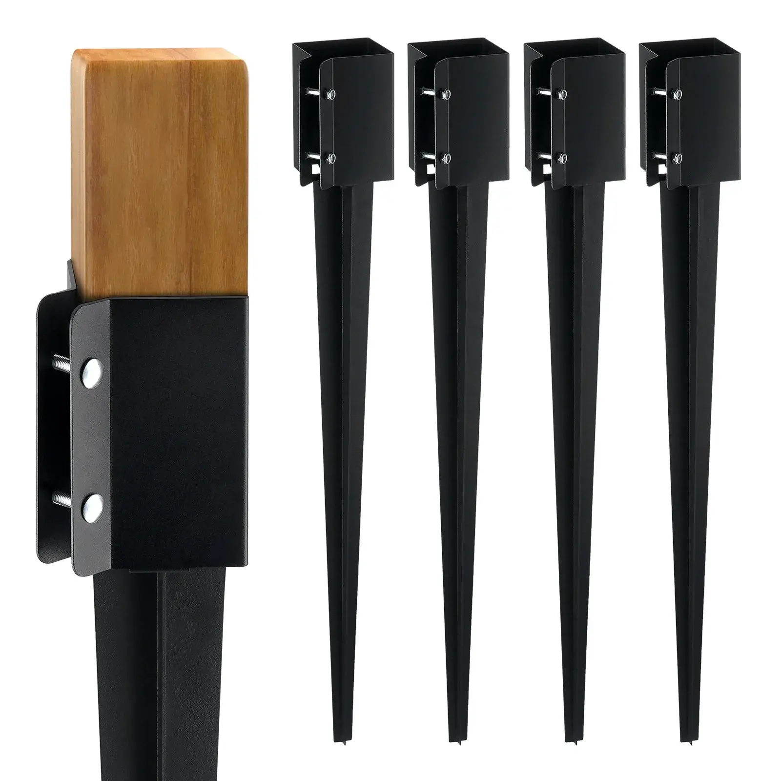 4-Pcs 36" Metal Ground Spike Fence Post Anchors – 4x4" Outer Dia (3.5x3.5" Inner Dia), Black Powder-Coated, for Mailbox, Deck, Garden Railing & Fence Posts