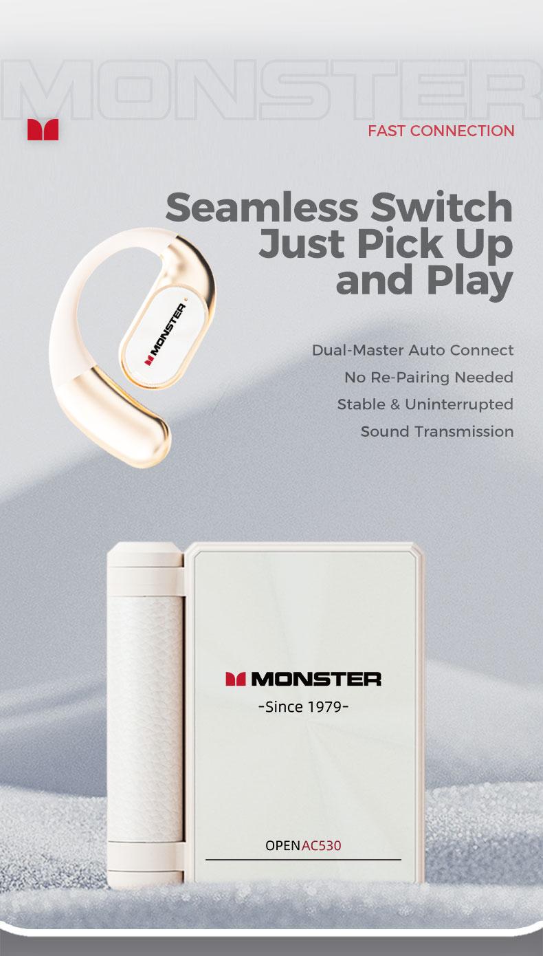 Monster AC530 Open-Ear Mic Headset, Dual-Fold Design, Mic Noise Cancellation Headphones, 100H Long Battery Life Bluetooth 6.0 Wireless Earbuds, Touch Control,Sweatproof, for Running, Workout, Driving, Back to School– Gifts for Men & Women