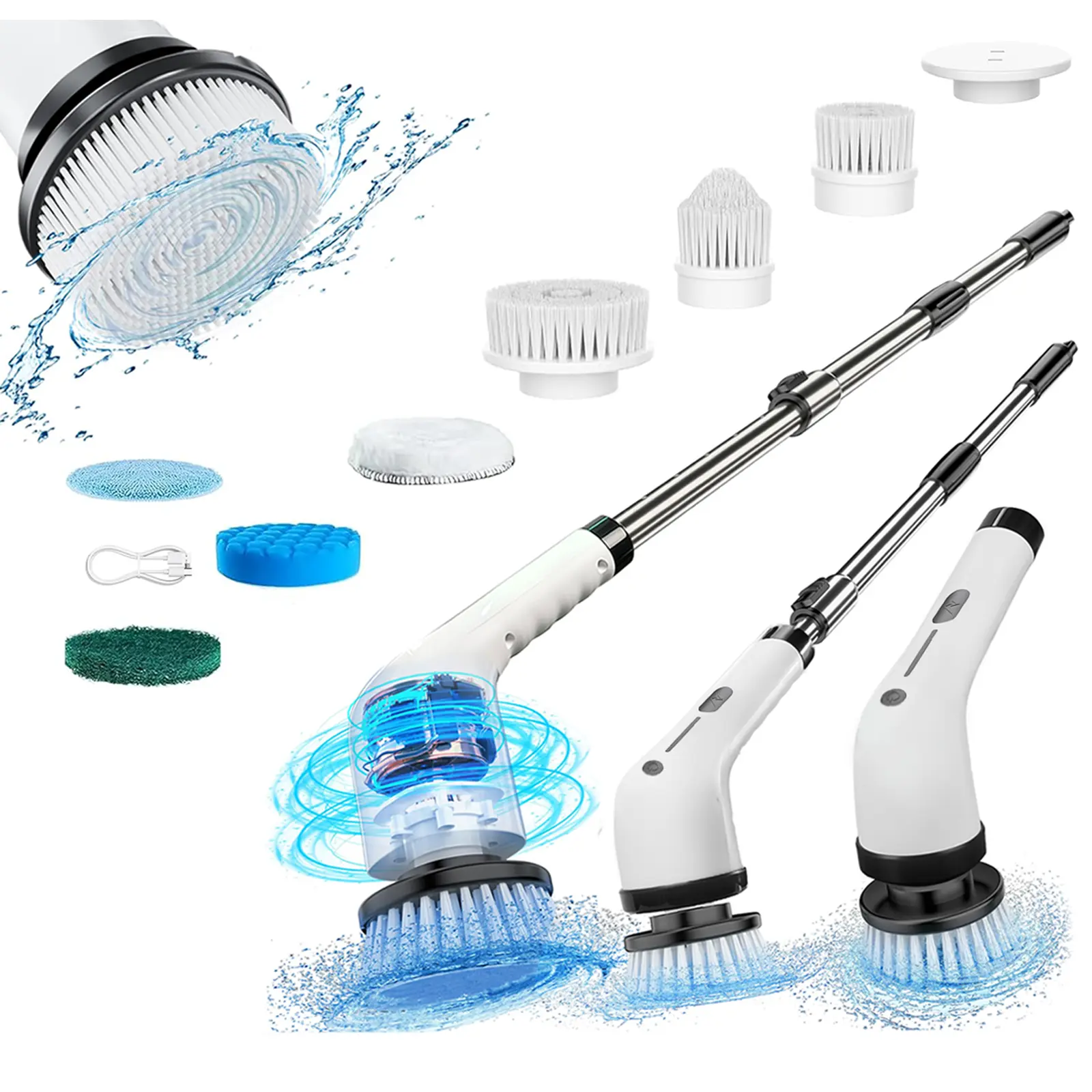 Cordless Handheld Electric Spin Scrubber - 4 Replaceable Cleaning Brush Heads, IPX7 Waterproof, 3 Adjustable Extension Handles, 2-Speed, Back/Knee Friendly, 280 RPM Daily Clean Cordless Handheld Scrubber Floor Cleaning Tool for Bathroom, Kitchen