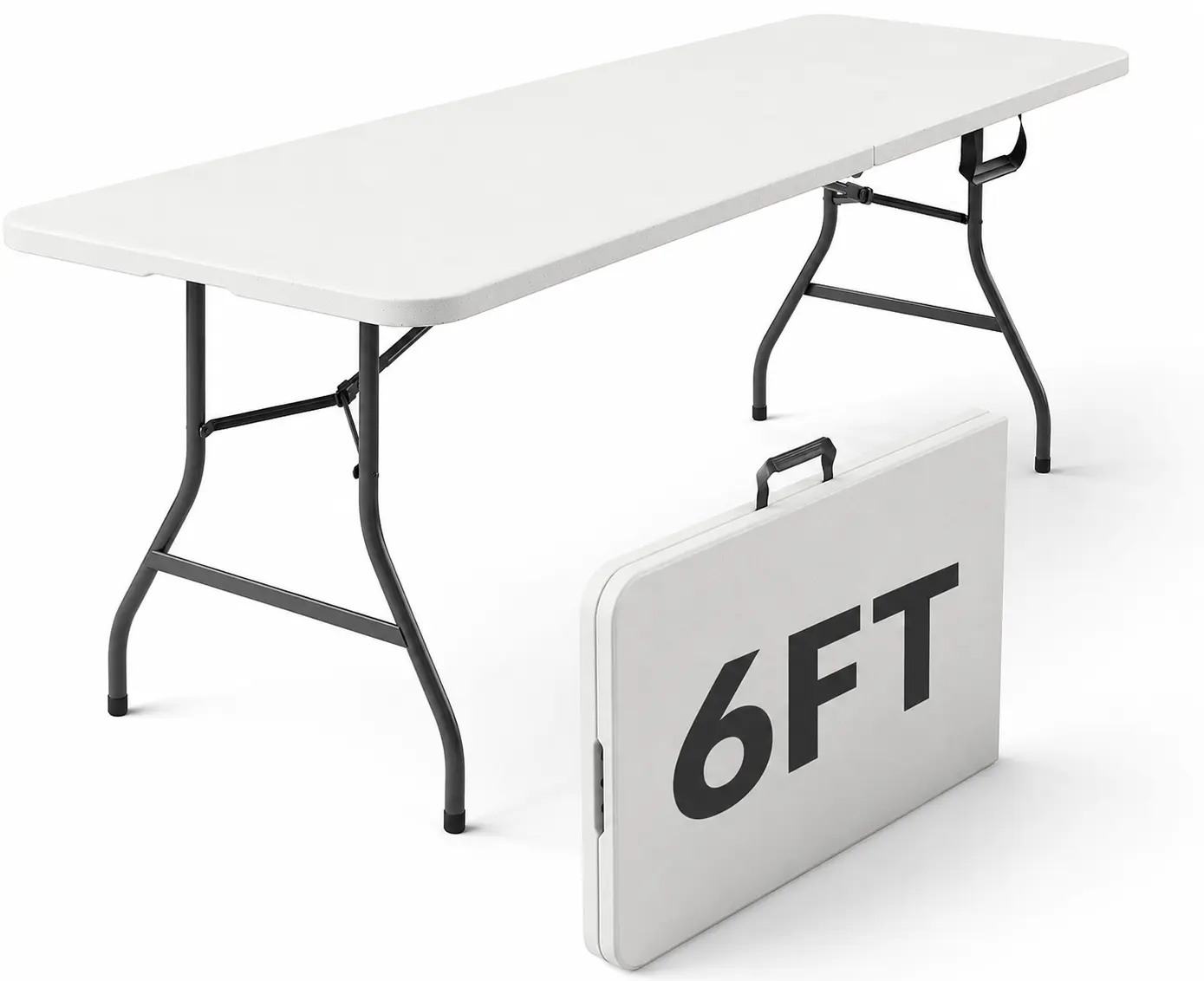 6FT Plastic Folding Table, Heavy-Duty Fold-in-Half Portable Table with Built-in Carrying Handle & Steel Legs, Lightweight Indoor Outdoor Picnic Table for Party, Dining, Camping, Wedding, Events, Utility, White