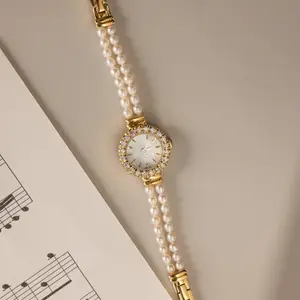 Pearl Link Timepiece by Caitlyn Minimalist - Vintage Style Pearl & Diamond Watch in 18K Gold Finish - Beaded Pearl Bracelet - Art Deco Jewelry - Gift for Her