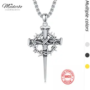 MEIDERBO 925 Sterling Silver Cross Thorns Necklace Necklace Men, Stainless Steel Pearl Chain 22+2 Inch Lobster Clasp with Jesus Cross Pendant, Christian Religious Jewelry Gift,Autumn New Arrivals