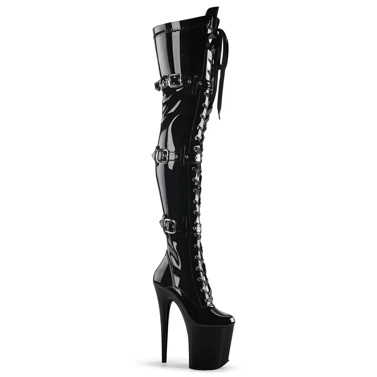 Black Stiletto Thigh-High Boots for Women, Stretch Patent Lace-Up with 8" Heel, 4" Platform, and Triple Buckle Straps for Pole Dancing, Platform Heels, Synthetic, Body-Hugging Fit, Laces, Party, Evening, High Heels, Over-The-Knee