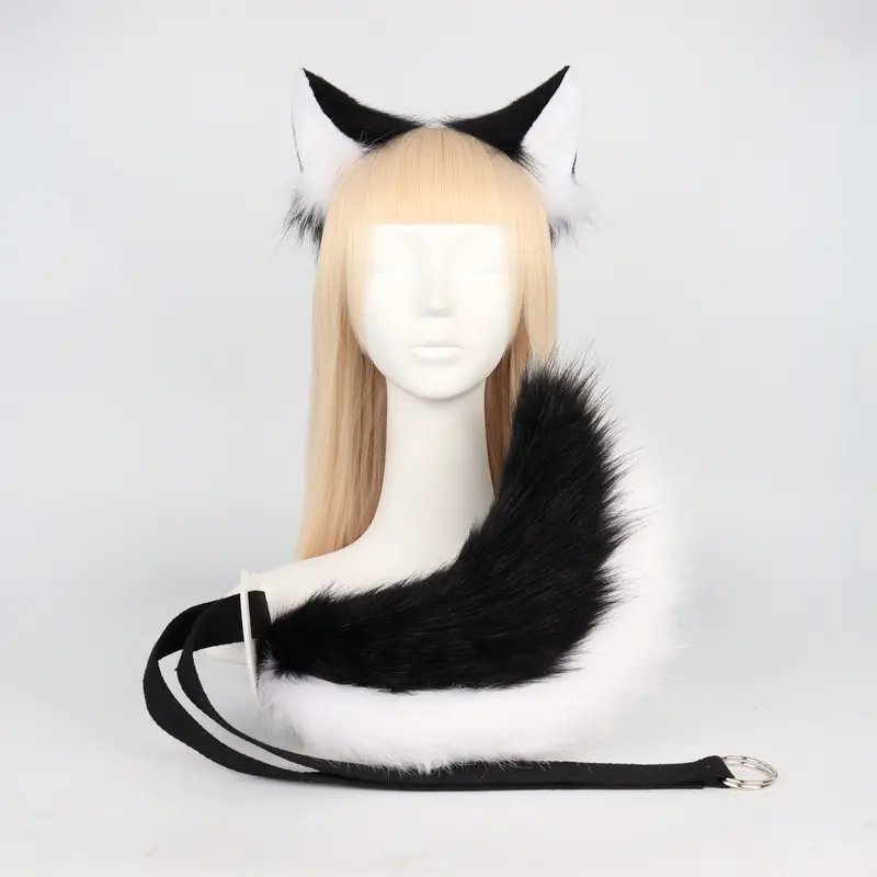Faux Fur Animal Costume Accessory Set - Adjustable Strap, 2-Tone Headband, Soft Fluffy Tail, Basic Lightweight Everyday Cutecore for Halloween Cosplay Dress-Up Events