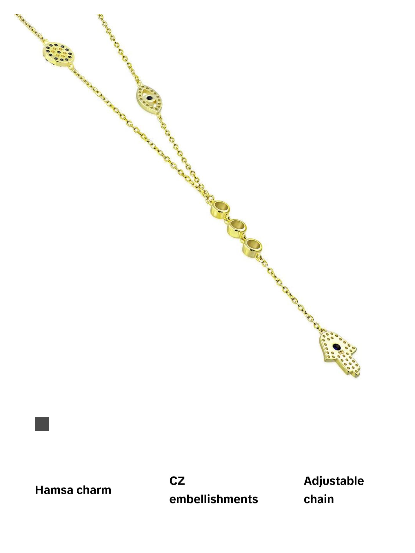 My Daily Styles 925 Sterling Silver CZ Layered Y Necklace with Hamsa, Evil Eye, and Round Eye Charms - Adjustable Chain