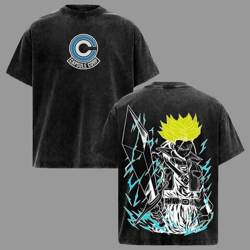 Trunks DBZ Graphic Tee Vintage Washed Shirt Unisex Y2K Streetwear Anime Shirt Future Trunks Saiyan Tee DBZ Shirt Gift for Anime Lovers DBZ Fans Casual Crewneck Tshirt