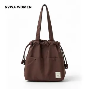 Water-Resistant Nylon Shoulder Bag Minimalist Drawstring Bucket Tote Bag with Exterior Pocket Large Capacity for Women Daily Commute Work Travel Gym