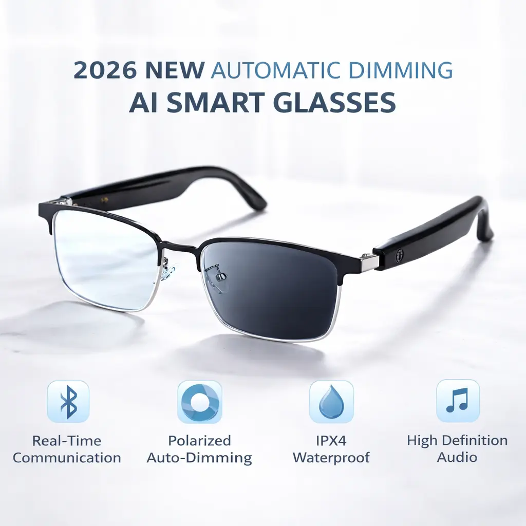 AI Smart Audio Glasses with Real-Time Translation, Bluetooth Calls & Music, Photochromic Polarized Lenses, Auto-Dimming Smart Glasses for Driving, Sports & Travel – Men & Women