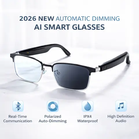 Unisex Multifunctional Wearable Wireless Smart Glasses with Lithium Ion Battery, Polarized Auto-Dimming Photochromic Lenses, Real-Time Translation, Bluetooth Voice Call, Music Playback for Adult Drivers