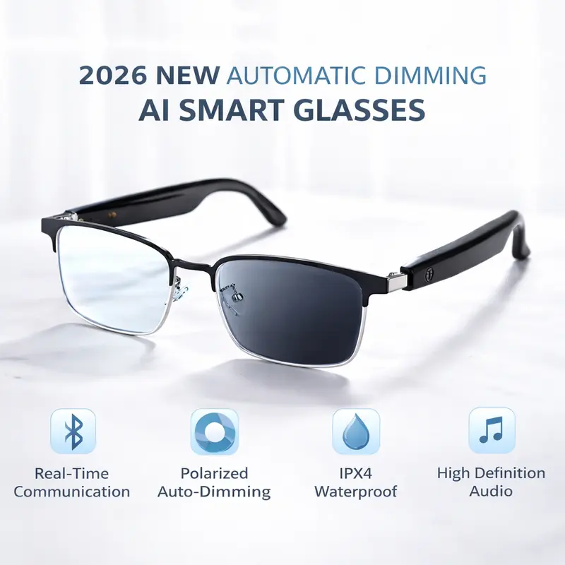 Unisex Multifunctional Wearable Wireless Smart Glasses with Lithium Ion Battery, Polarized Auto-Dimming Photochromic Lenses, Real-Time Translation, Bluetooth Voice Call, Music Playback for Adult Drivers