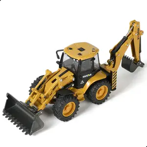 1/50 Scale Die-Cast Backhoe Loader Excavator Model – Dual-Function Construction Vehicle with 360° Rotating Excavator Arm and Movable Front Loader, Alloy Metal Gift for Boys and Adults Yellow