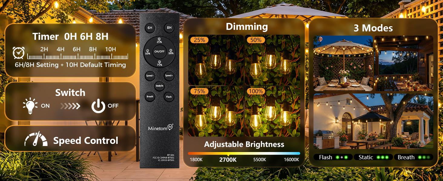 Minetom 100FT Solar String Lights Outdoor Waterproof, 31+2LED S14 Shatterproof Bulb, Patio Lights with Remote Type-C Port Timable, 3 Light Modes Dimmable Solar String Lights for Outside, Yard, Camping