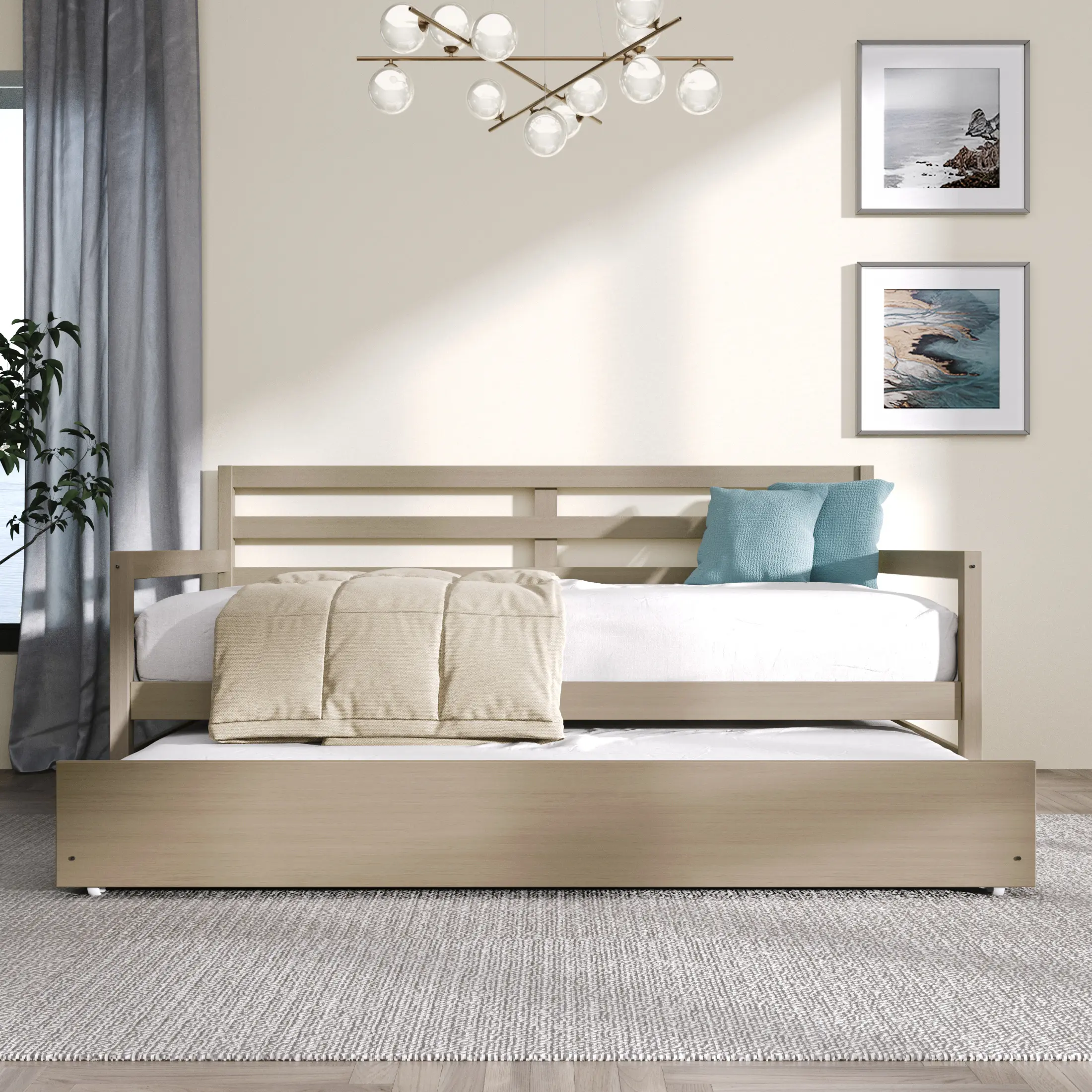 Oeds Rustic Twin Daybed with Solid Wood Frame, Pull-Out Trundle Bed, Distinctive Rail, 81.17" L × 38.02" W × 41.96" H Pull Out Bed