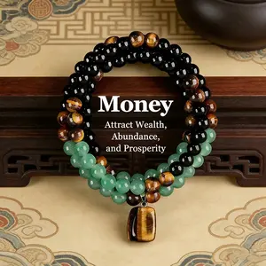 Money Attraction Healing Crystal Necklace with Green Aventurine & Tiger Eye Pendant, Long Sweater Chain Jewelry for Abundance Luck, Fashion Gift for Men Women