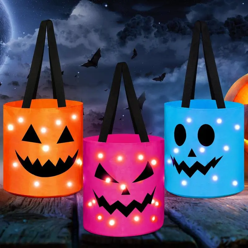 LED Lighted Christmas Non-Woven Candy Bucket - Reusable Trick-or-Treat Pumpkin Tote Bag for Students - Home Garden Lawn Night Light Decor, Festive Party Favor Supplies