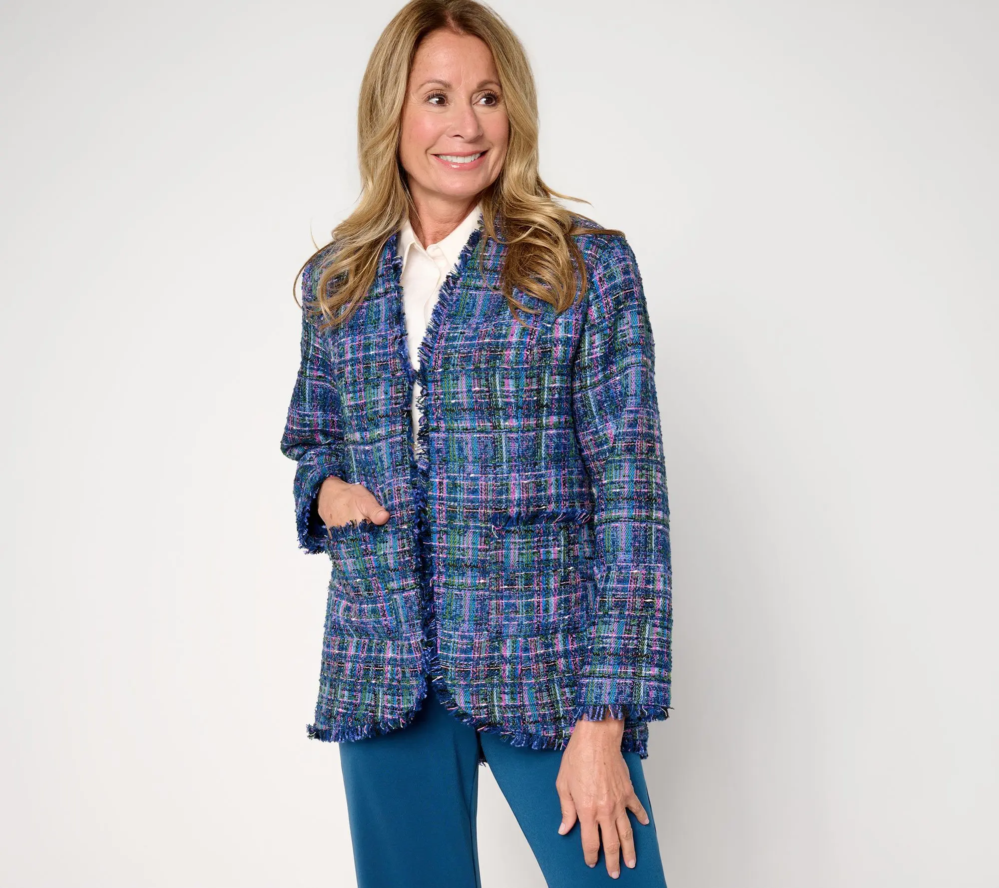 GRAVER Susan Graver Petite Tweed Topper with Fray Detail