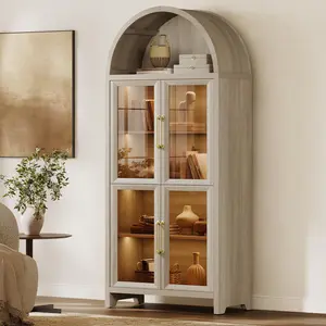 SICOTAS 74" Display Cabinet with Glass Door, Modern 5-Tier Arched Bookcase with Rechargeable 3-Color LED Lights & Motion Sensor, Large Pantry Cabinet for Kitchen Home Office