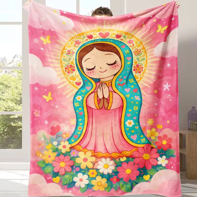 Virgin Mary & Our Lady Guadalupe Religious Motif Soft Flannel Blanket - Lightweight Plush, Comfy Vibes, Contemporary Look, Office/Travel Use, Ideal Gift for Family & Friends, Children-Friendly, Other Patterns Available