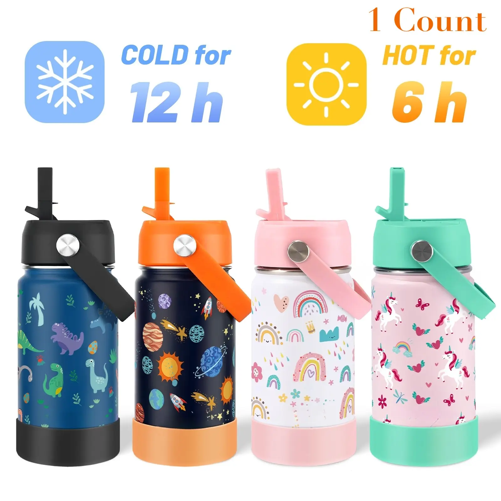 Water Bottle, 12 Oz Stainless Steel Vacuum Insulated Cup, Flexible Handle & Straw, Non-Slip Silicone Base, School Use Gift, Vacuum Insulated Tumbler, Drinkware