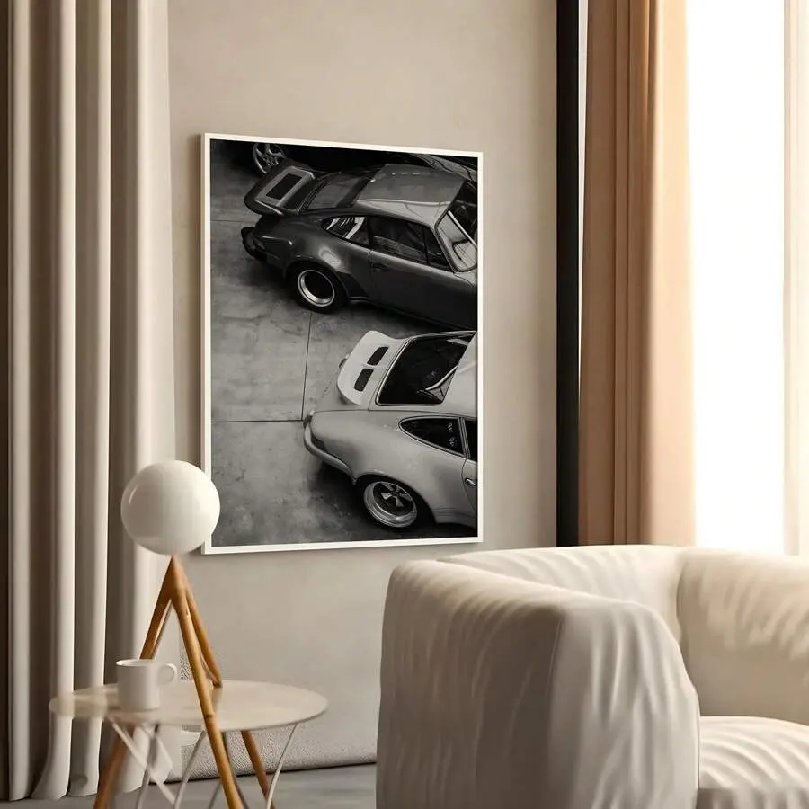 Classic Porsche 911 Duo Canvas Wall Art - Black White Vintage Sports Car Poster, Automotive Artwork, Unique Decor for Garage, Balcony, Kid Room, Wardrobe, Man Cave Gift, Vehicles, Multi-Size