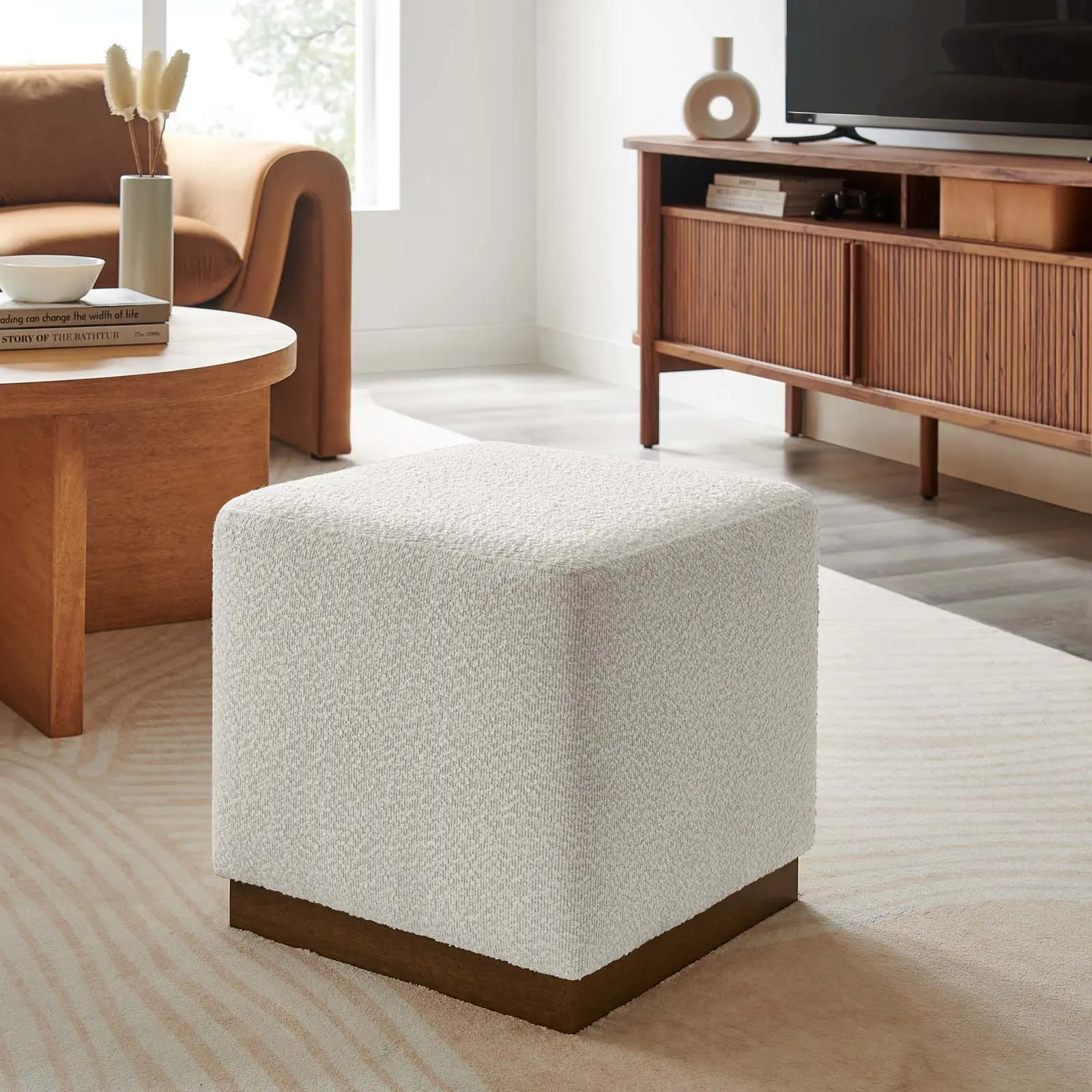 Modway Tilden 17" Square Boucle-Upholstered Ottoman Footstool, Cloud Walnut Finish Indoor Furniture Stool
