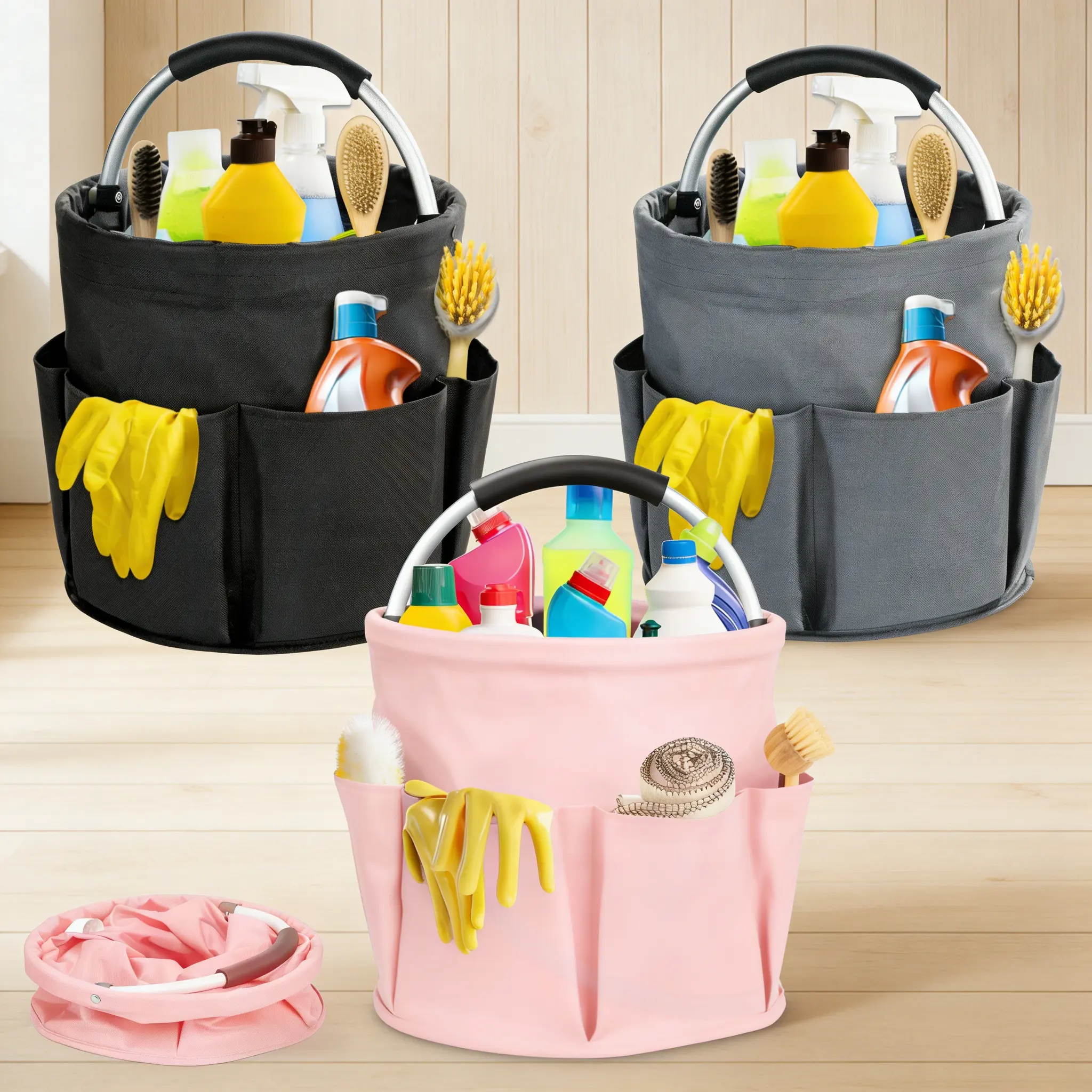 1 Pack 17L Large Capacity Foldable Storage Basket with Handle & 6 Side Pockets, Thickened 600D Oxford Fabric Wear-Resistant Waterproof, Portable Collapsible Laundry Organizer for Home Outdoor Garden Beach Picnic Camping