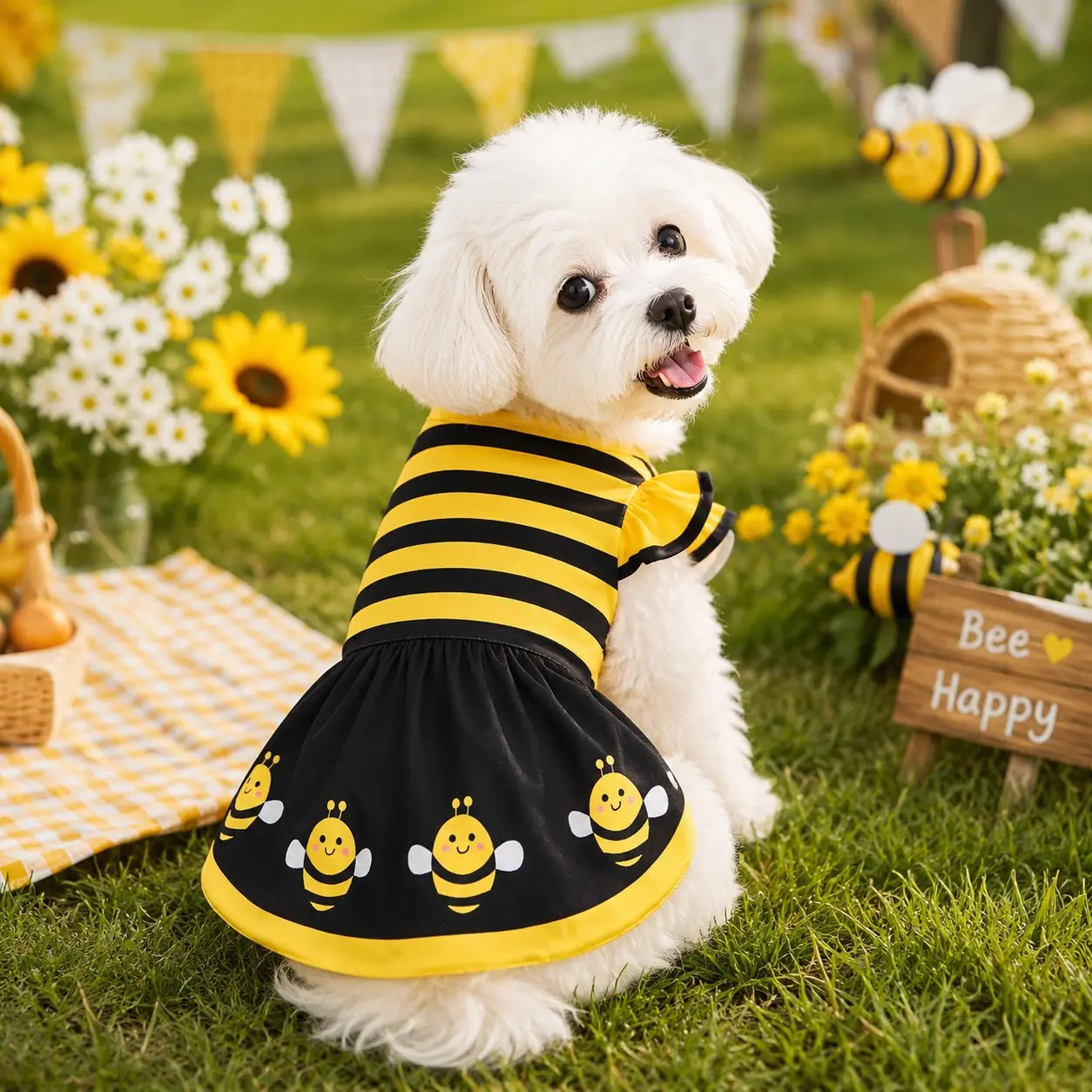 Cute Bee Pet Dress, Bumble Bee Costume for Dogs & Cats, Yellow Cartoon Striped Pet Apparel for Puppy, Kitten & Poodle, Perfect for Party & Halloween