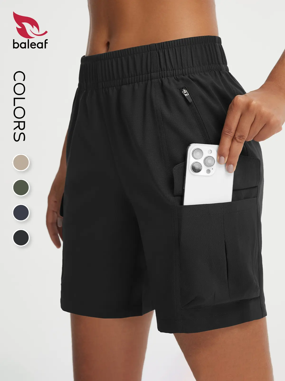 BALEAF Women's 7'' High Waisted Elastic Waist Hiking Cargo Shorts - Zipper Pockets, Tummy Control, Water Resistant, Quick Dry, Lightweight Stretch, UPF50+ Sun Protection - Athleisure Wear for Camping, Travel, Elastic Waist Shorts, Women's Shorts