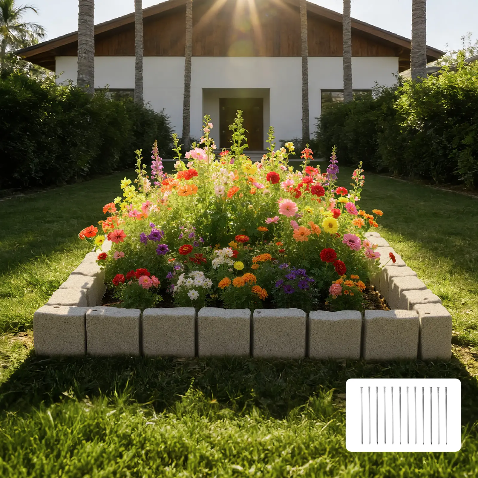 【SummerFinds】VEVOR Faux Stone Landscape Edging Kit, 15.5 ft No-Dig Low Maintenance Border, Realistic Texture, Customizable Shape, 4 Pack (6 Bricks/Section, 46.85"L x 3.94"W x 6.1"H), 12 Spikes, 4 Corners, Beige for Lawn, Enhances Patios & Pool Borders