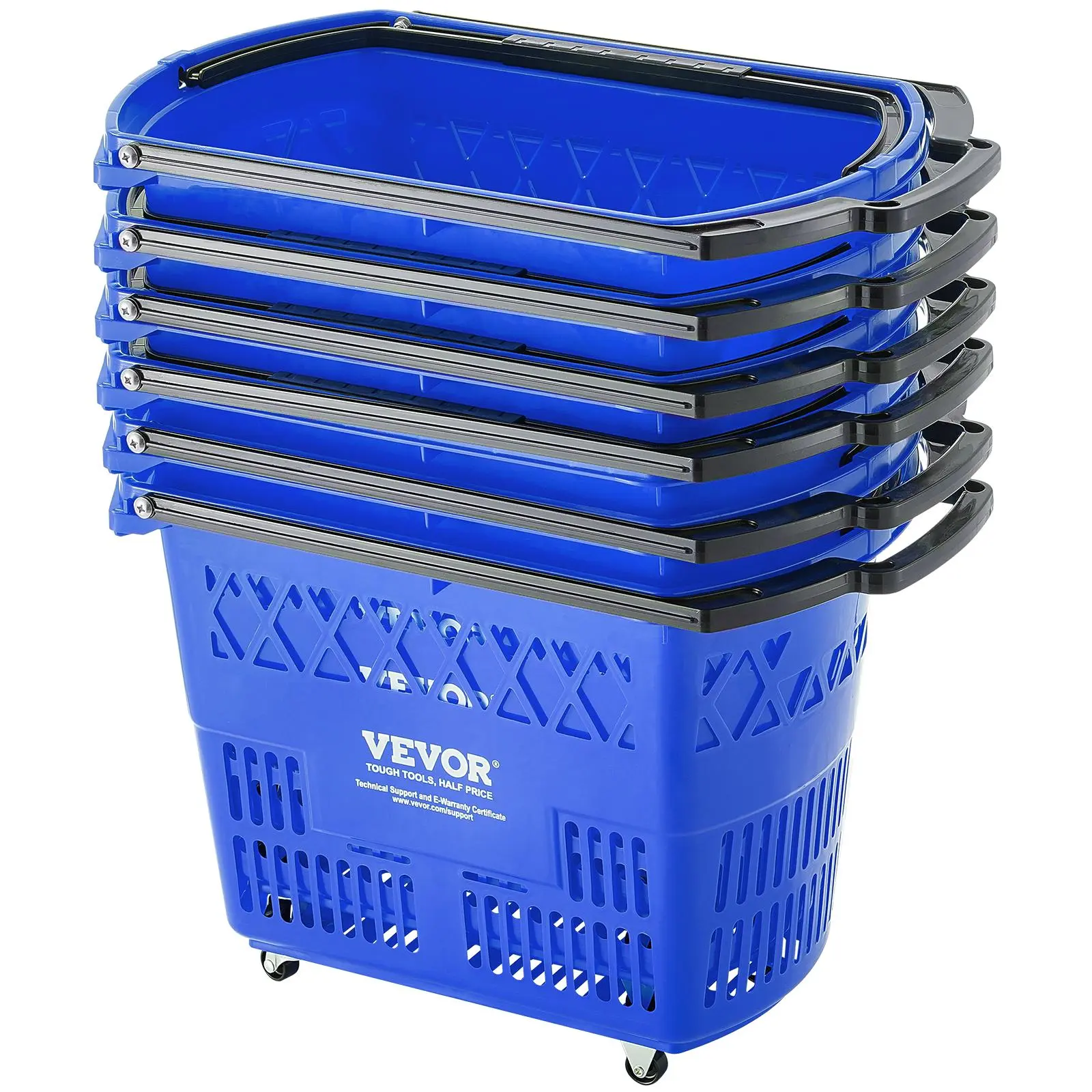 VEVOR 6PCS PE Plastic Smooth Rolling Shopping Baskets - 39L Multifunctional Utility Baskets with Handle Pull, Wheels, 21.26x20.87x14.37 Inches, 75 lbs Capacity for Families, Grocery Trips#SohoChic