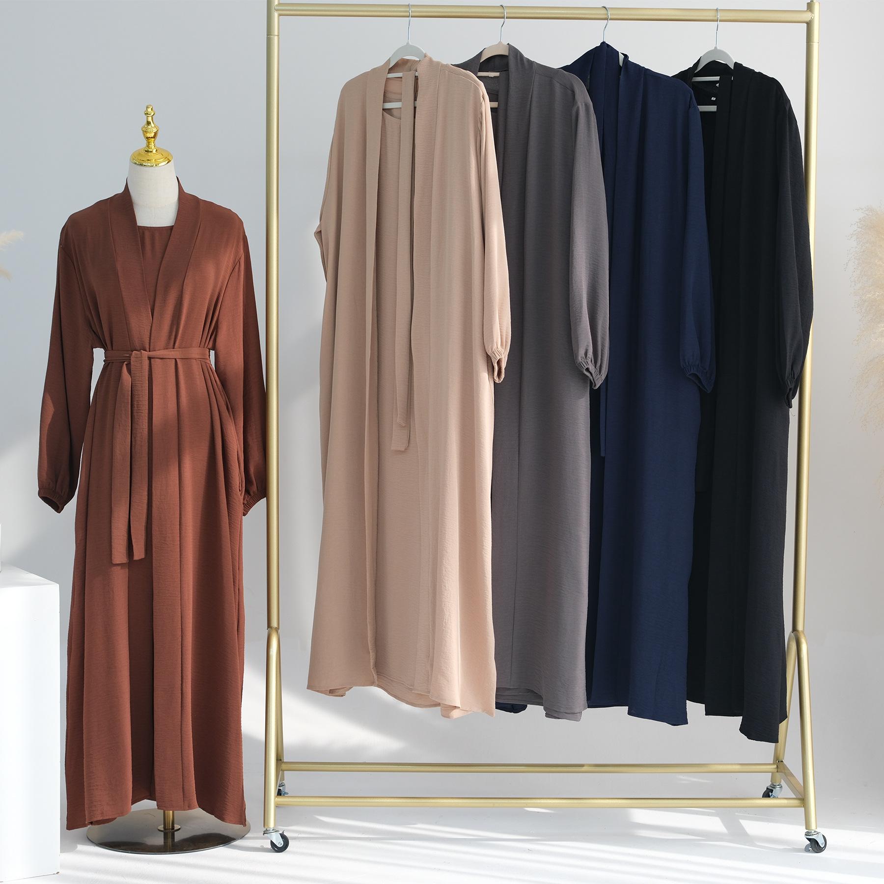 MOA092 Solid Color Elegant Open Abaya with Pockets 3-Piece Set for Women Breathable Fabric Full Length Jilbab Summer Outfits Modern Midi