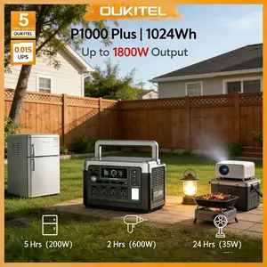 OUKITEL P1000 Plus1024Wh Power Station Run Mini Fridge Projector Camping Grill Outdoor Lights, USB-C, Folding Solar Panel Home Backup, Camping, Emergency Outdoor Power travel