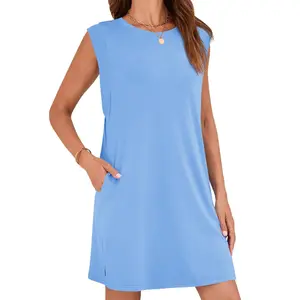 Wenrine Women's Summer Mini Dress Casual Loose Sleeveless Crewneck Slit Basic T Shirt Dresses with Pockets