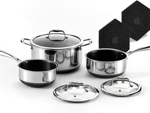 HexClad Hybrid Nonstick 6-Piece Pot Set with 2 Silicone Trivets, 2, 3, and 8-Quart Pots with Tempered Glass Lids, Stay-Cool Handles, Dishwasher-Friendly, Induction Ready, Compatible with All Cooktops
